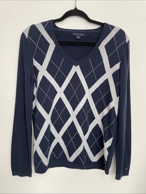 Tommy Hilfiger Navy V-Neck Argyle Knit Sweater with Silver Pattern